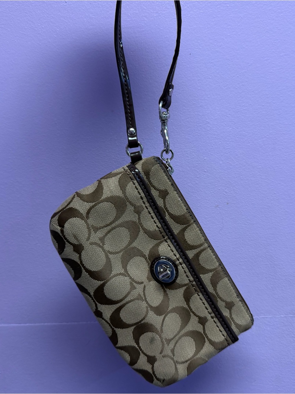 Vintage Coach Brown Signature Canvas Wristlet with Turn-Lock